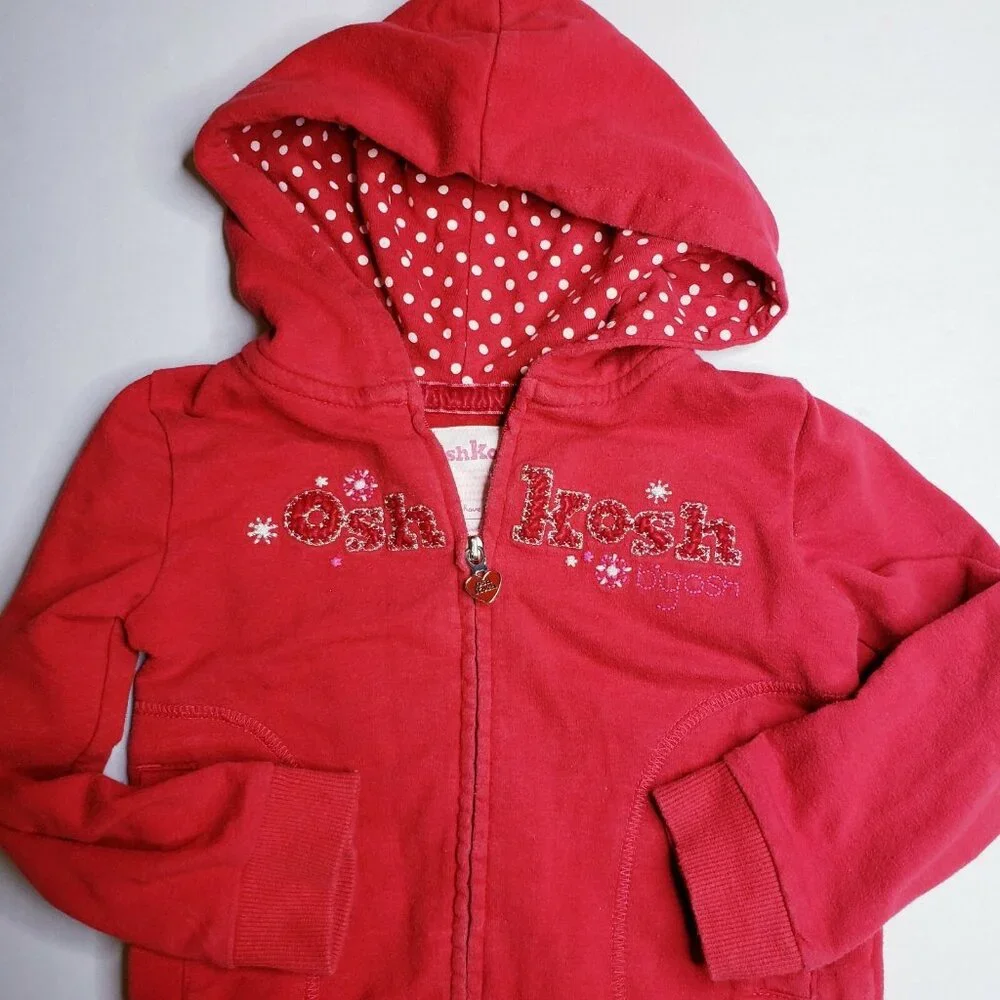 Osh Kosh Bgosh Girls' 2T Zip-up Sweater Hooded Jacket Red w/ Heart Zipper Pull